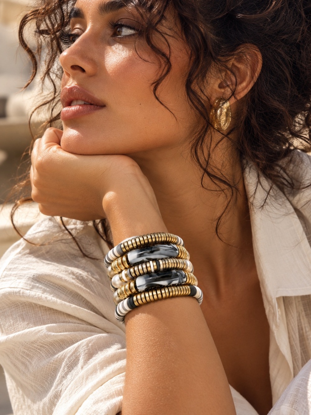 Sculptural Gold Pearl & Marble Beaded Bracelet Stack